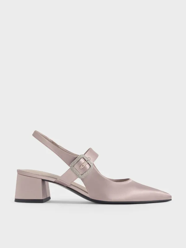 Charles & Keith - Satin Crystal-Buckle Block-Heel Slingback Pumps sold by Charles & Keith