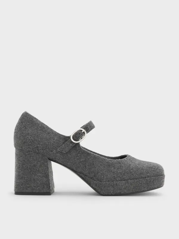Charles & Keith - Felt Platform Block-Heel Mary Jane Pumps sold by Charles & Keith