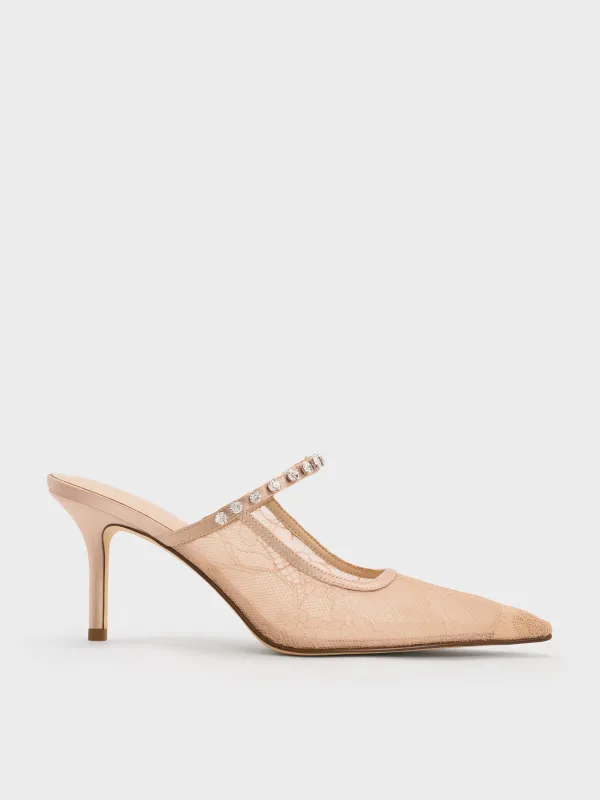 Charles & Keith - Lace & Satin Crystal Heeled Mules sold by Charles & Keith