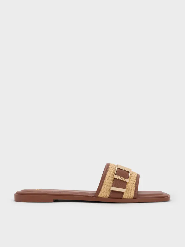 Charles & Keith - Whitney Leather & Raffia Buckled Slide Sandals sold by Charles & Keith