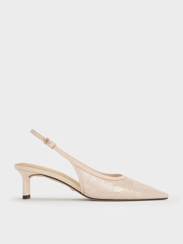 Charles & Keith - Sequin Mesh & Leather Slingback Kitten Heels sold by Charles & Keith