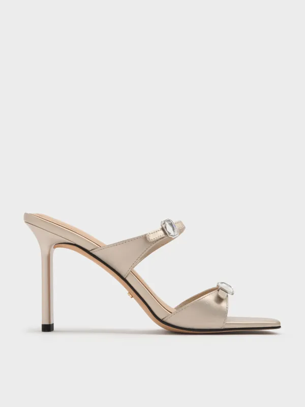 Charles & Keith - Pearlescent Leather Gem-Buckle Double-Strap Heeled Sandals sold by Charles & Keith