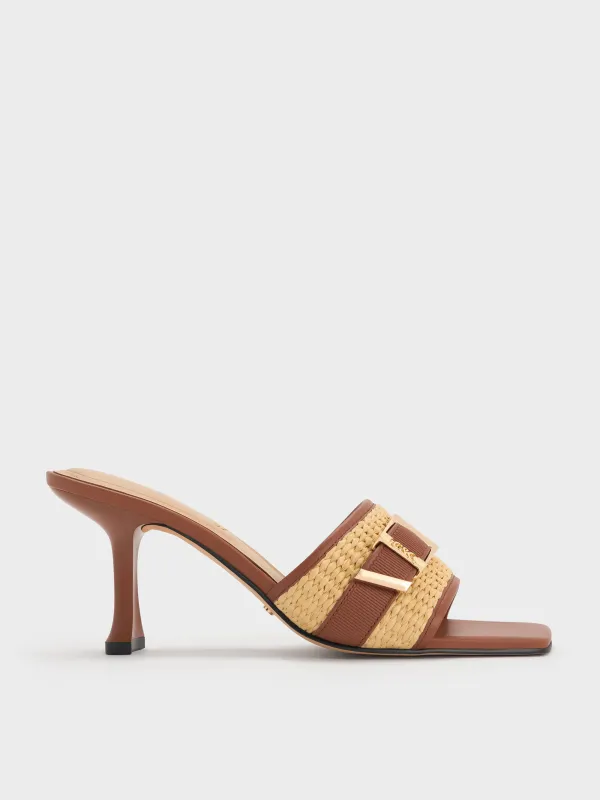 Charles & Keith - Whitney Leather & Raffia Buckled Heeled Mules sold by Charles & Keith