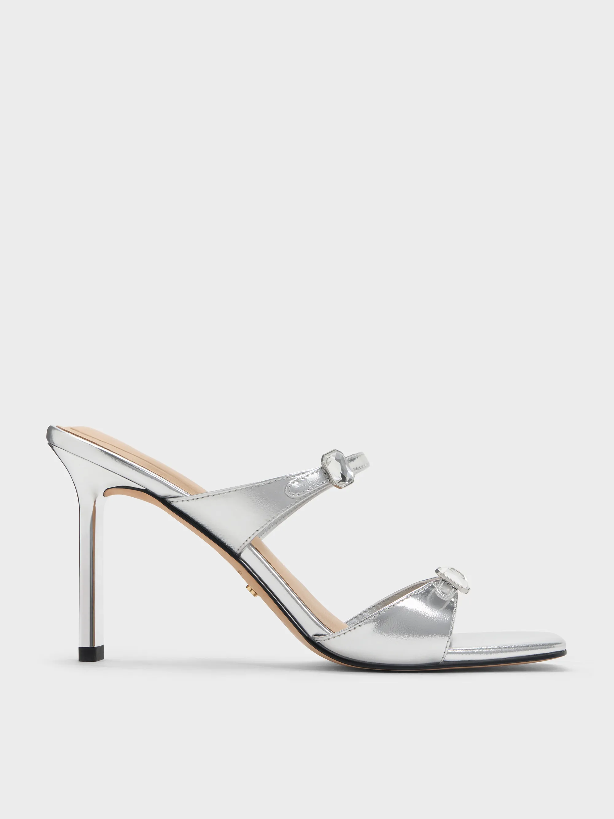 Charles & Keith - Metallic Leather Gem-Buckle Double-Strap Heeled Sandals sold by Charles & Keith