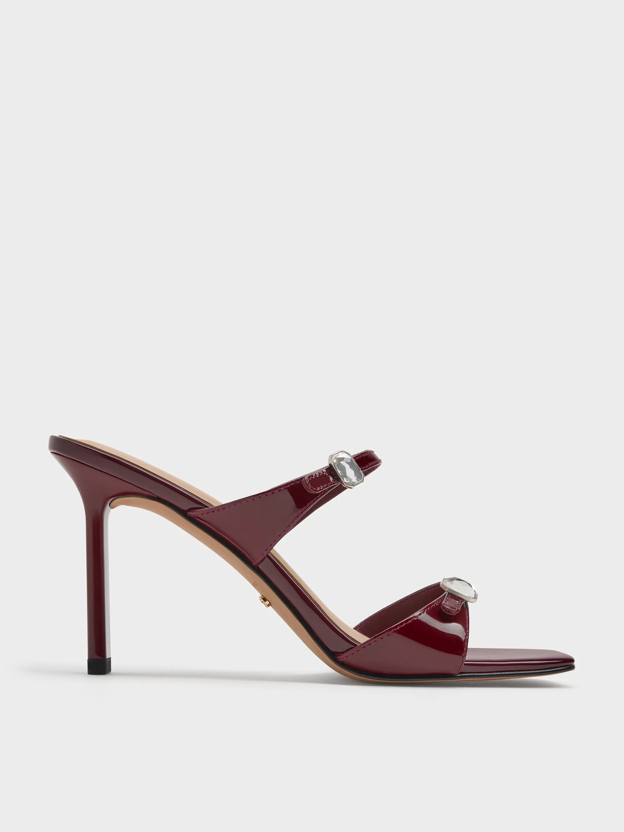 Charles & Keith - Patent Leather Gem-Buckle Double-Strap Heeled Sandals sold by Charles & Keith