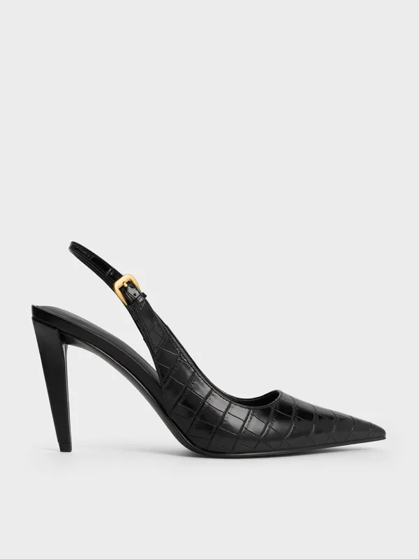 Charles & Keith - Croc-Effect Cone-Heel Pointed-Toe Pumps sold by Charles & Keith