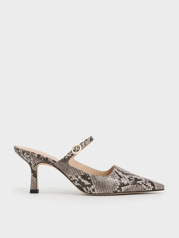 Charles & Keith - Snake-Print Buckle-Strap Heeled Mules sold by Charles & Keith