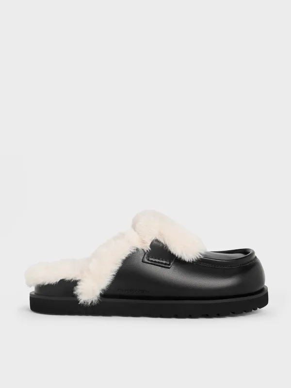 Charles & Keith - Fur-Trim Flatform Mules sold by Charles & Keith