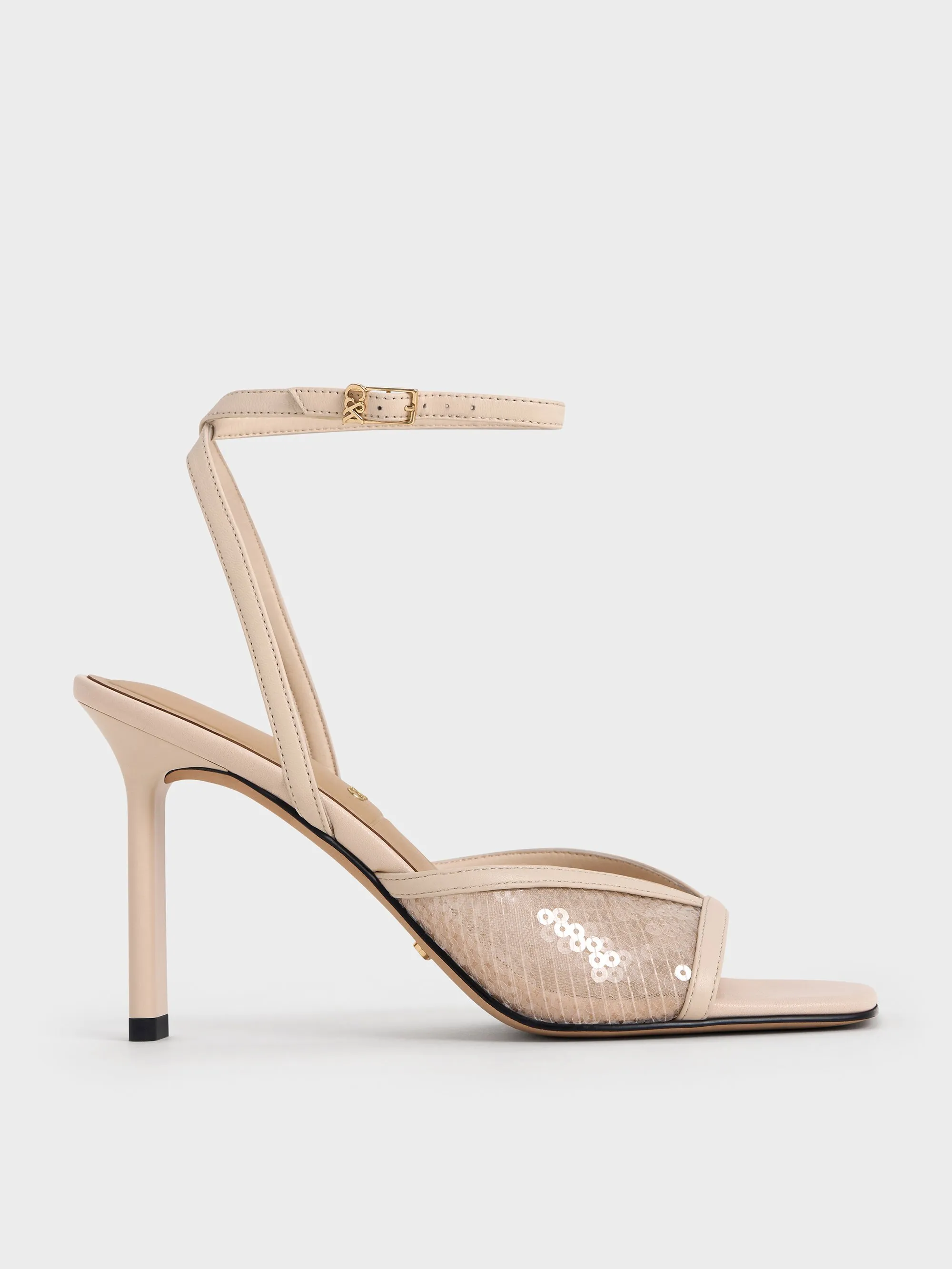 Charles & Keith - Sequin Mesh & Leather Ankle-Strap Heeled Sandals sold by Charles & Keith