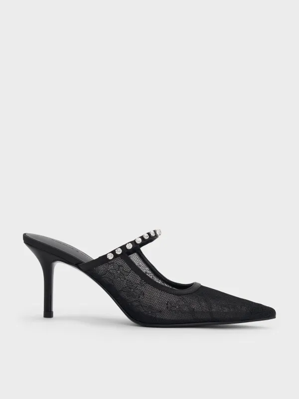 Charles & Keith - Lace & Satin Crystal Heeled Mules sold by Charles & Keith
