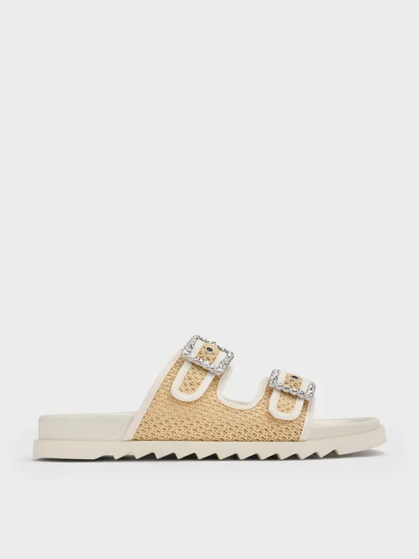 Charles & Keith - Raffia Gem-Buckle Double-Strap Sandals sold by Charles & Keith