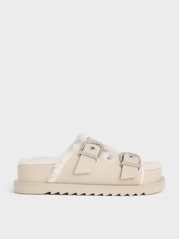 Charles & Keith - Hannah Furry Buckled Double-Strap Sandals sold by Charles & Keith
