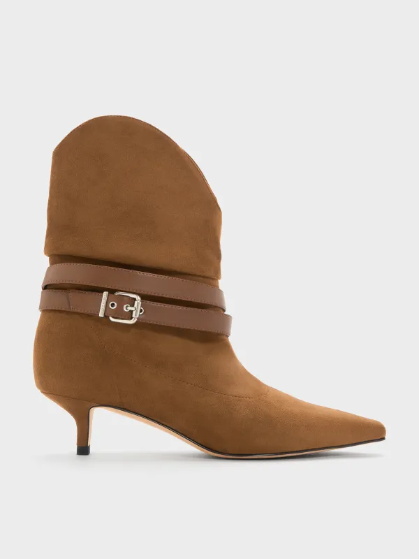 Charles & Keith - Karter Faux Suede Pointed-Toe Ruched Buckled Kitten-Heel Boots sold by Charles & Keith