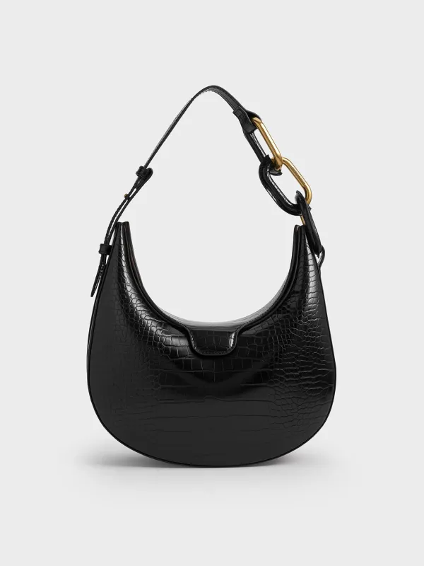 Charles & Keith - Kora Croc-Effect Metallic-Accent Moon Bag sold by Charles & Keith