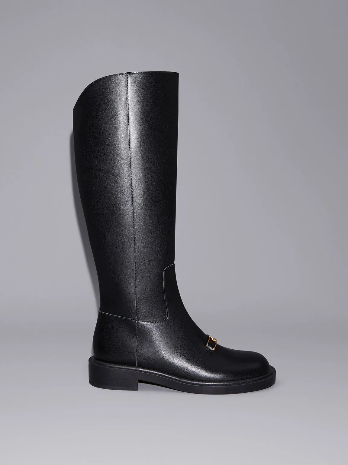 Charles & Keith - Gabine Leather Interlocking-Accent Knee-High Boots sold by Charles & Keith