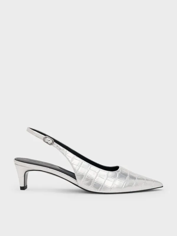 Charles & Keith - Croc-Effect Pointed-Toe Kitten-Heel Slingback Pumps sold by Charles & Keith