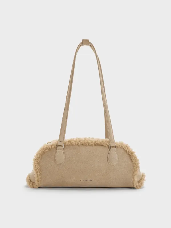 Charles & Keith - Nelly Recycled Suede & Faux Shearling Elongated Shoulder Bag sold by Charles & Keith
