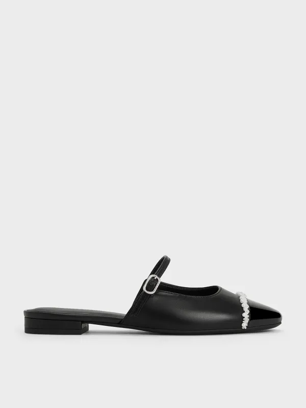 Charles & Keith - Pearl-Embellished Cap-Toe Flat Mules sold by Charles & Keith