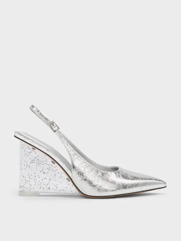 Charles & Keith - Metallic Crinkle-Effect Speckled-Heel Slingback Wedges sold by Charles & Keith