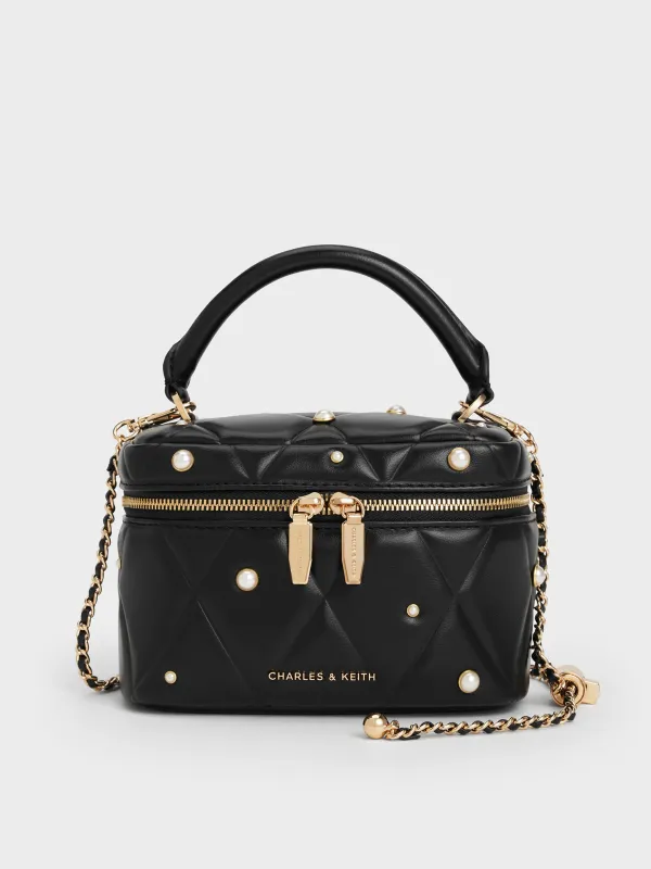 Charles & Keith - Arwen Quilted Pearl-Embellished Top Handle Vanity Bag sold by Charles & Keith
