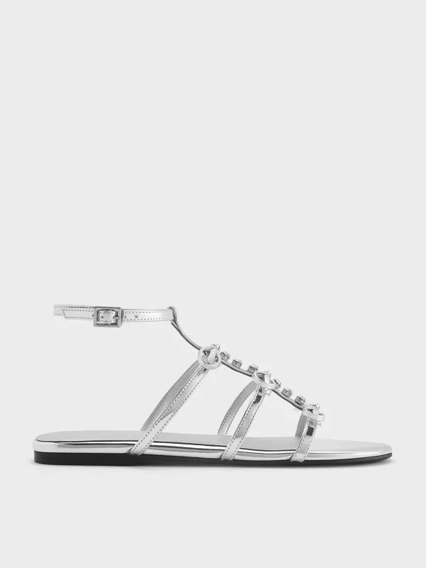 Charles & Keith - Metallic Gem-Embellished Bow T-Bar Sandals sold by Charles & Keith