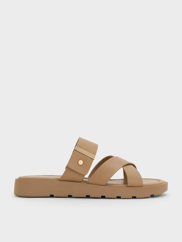 Charles & Keith - Metallic-Accent Crossover-Strap Slide Sandals sold by Charles & Keith