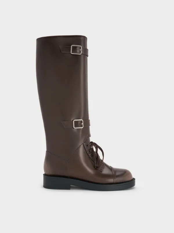 Charles & Keith - Burnished Double-Buckle Combat Knee-High Boots sold by Charles & Keith