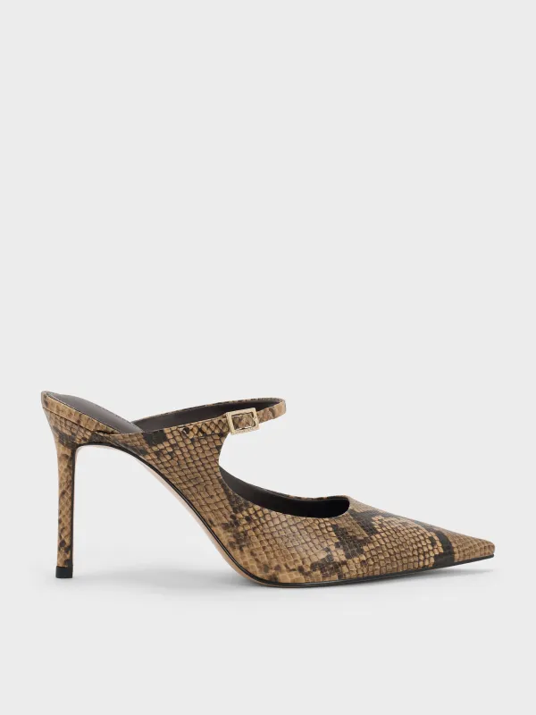 Charles & Keith - Snake-Print Buckle-Strap Stiletto-Heel Mules sold by Charles & Keith
