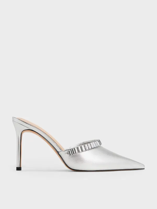 Charles & Keith - Metallic Crystal-Embellished Pointed-Toe Heeled Mules sold by Charles & Keith