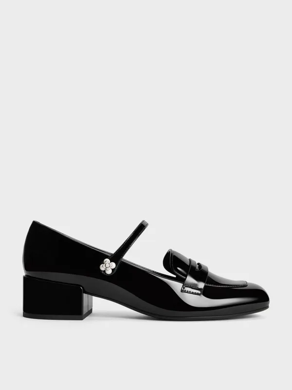 Charles & Keith - Patent Pearl-Embellished Flower-Buckle Mary Jane Loafers sold by Charles & Keith