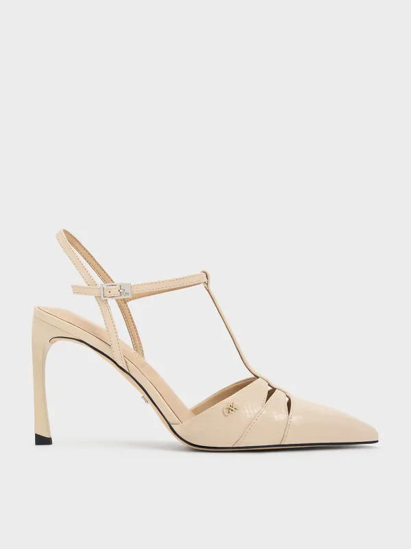 Charles & Keith - Leather Snake-Print T-Bar Pointed-Toe Pumps made by Charles & Keith