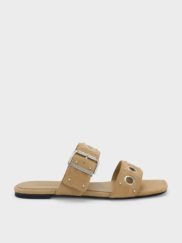 Charles & Keith - Faux Suede Grommet Buckled Slides sold by Charles & Keith