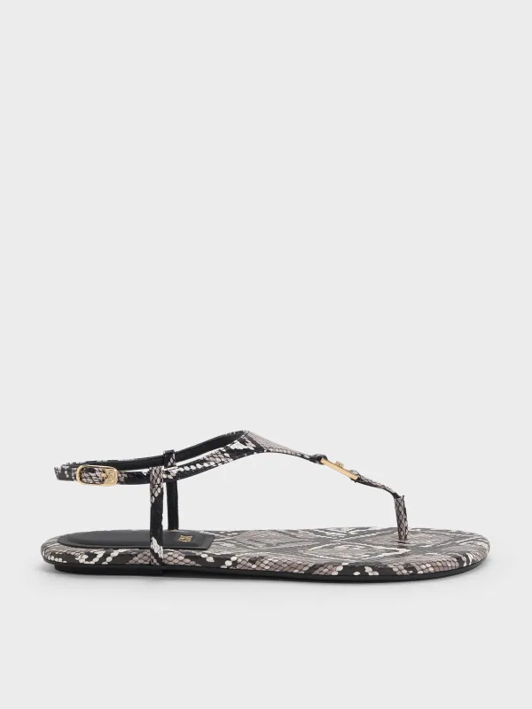 Charles & Keith - Leather Snake-Print T-Bar Thong Sandals sold by Charles & Keith