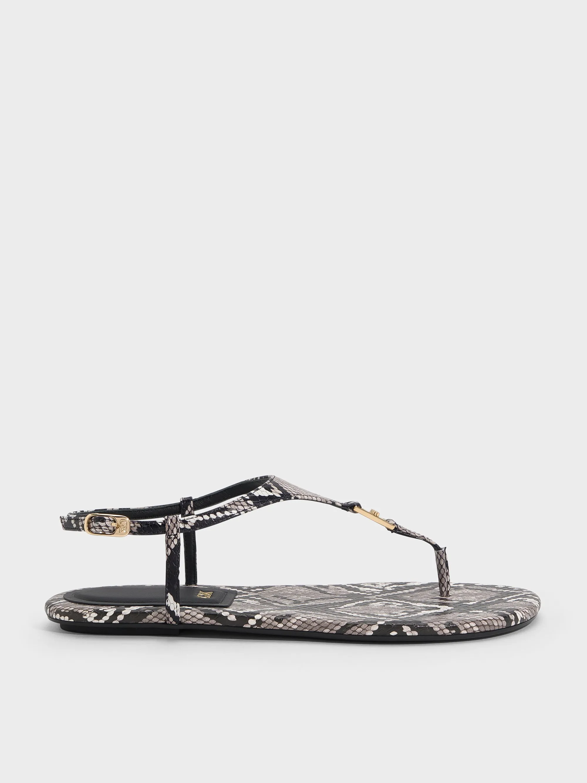 Charles & Keith - Leather Snake-Print T-Bar Thong Sandals sold by Charles & Keith