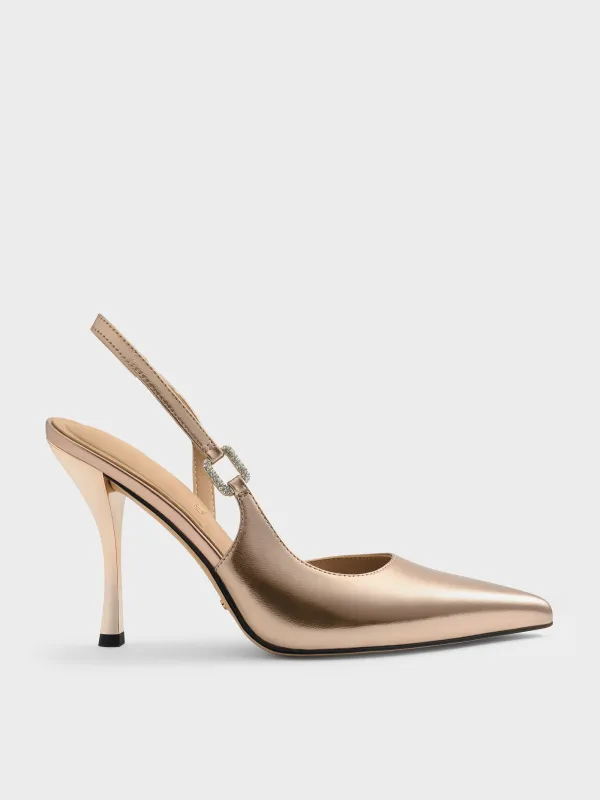 CHARLES & KEITH - Metallic Leather Crystal-Buckle Slingback Pumps made by Charles & Keith