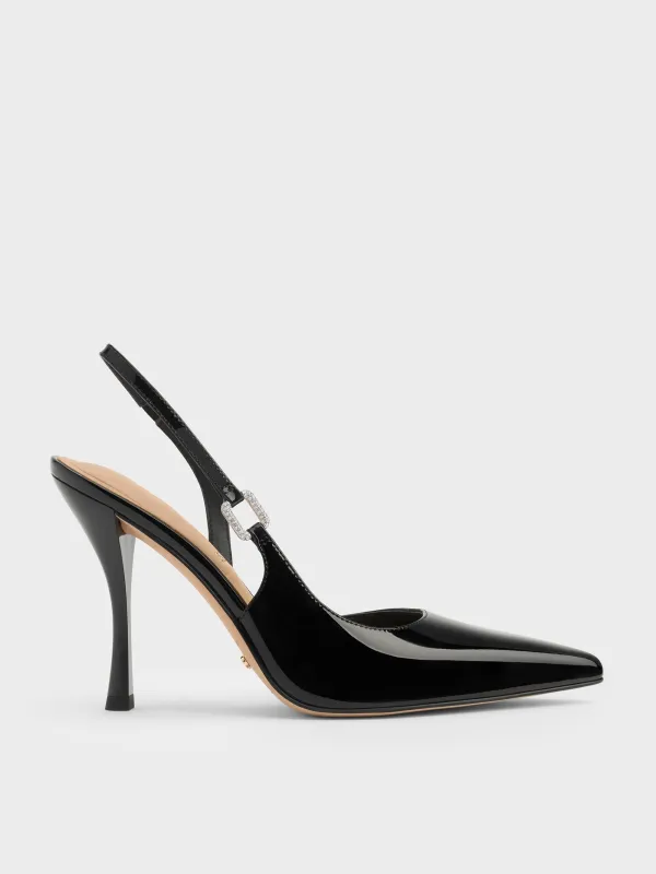 Charles & Keith - Patent Leather Crystal-Buckle Slingback Pumps made by Charles & Keith