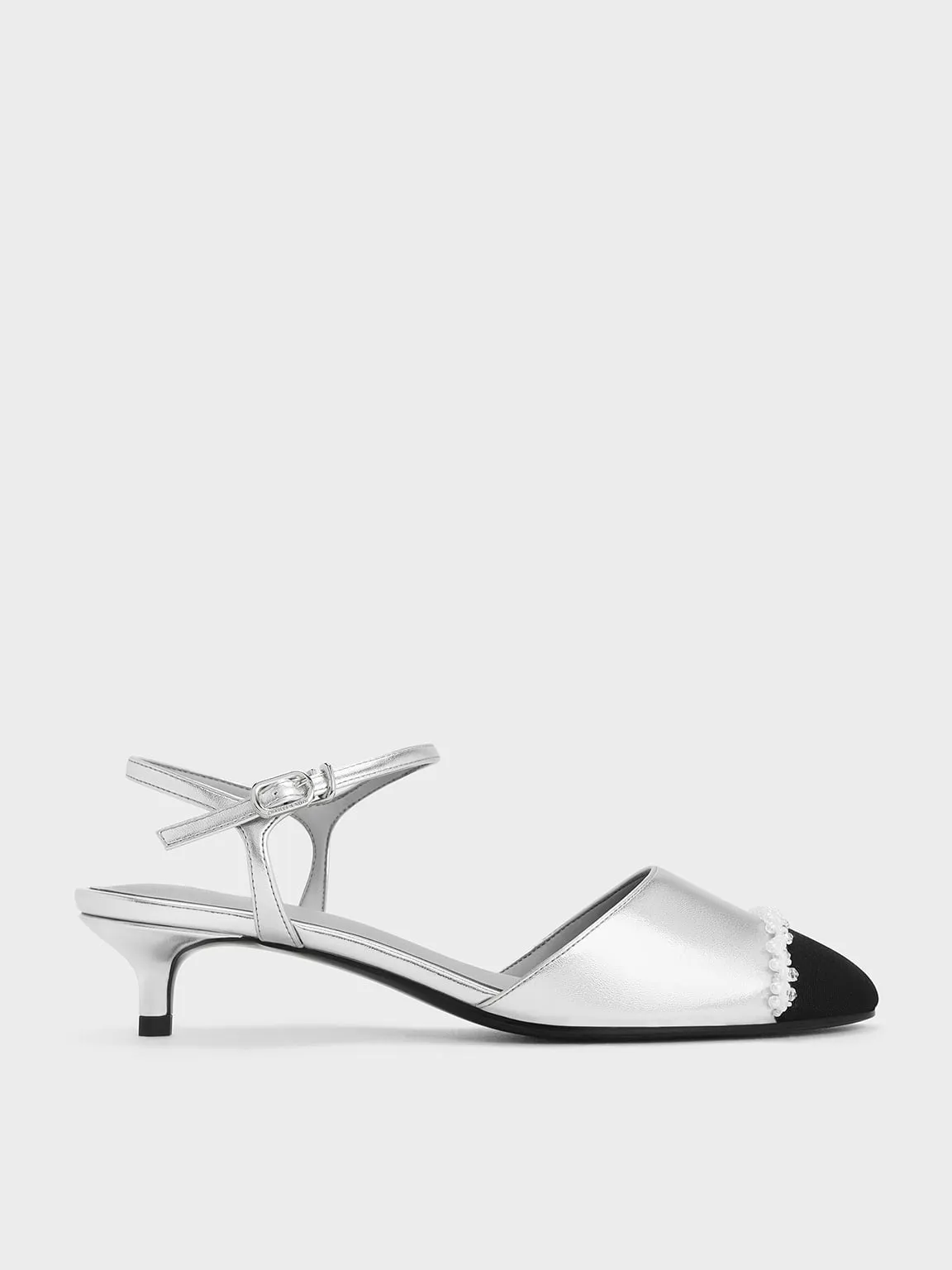 CHARLES & KEITH - Metallic Pearl-Embellished Cap-Toe Kitten Heels sold by Charles & Keith
