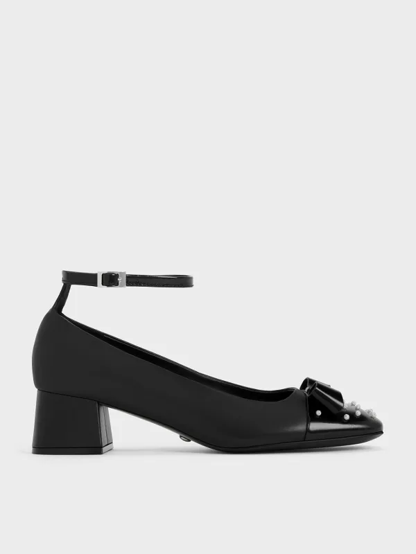 Charles & Keith - Pearl-Embellished Leather Bow Ankle-Strap Pumps made by Charles & Keith