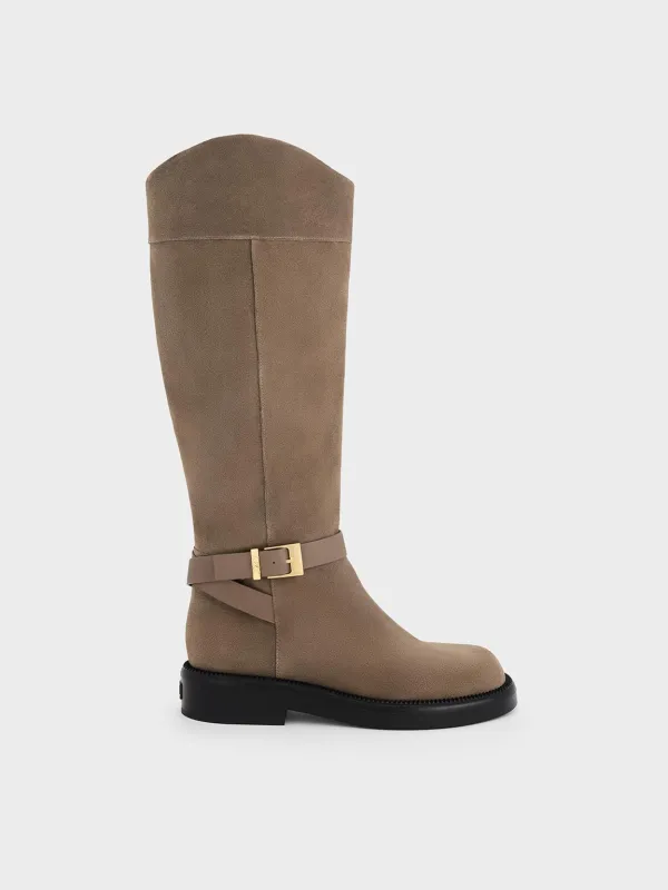 Charles & Keith - Leather & Suede Buckled-Strap Knee-High Boots made by Charles & Keith