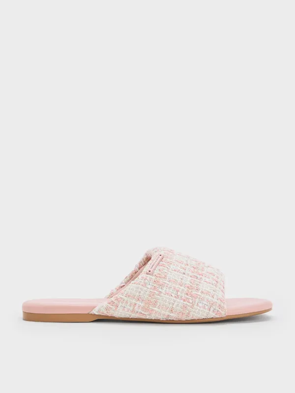 Charles & Keith - Tweed Puffy Wide-Strap Slide Sandals made by Charles & Keith