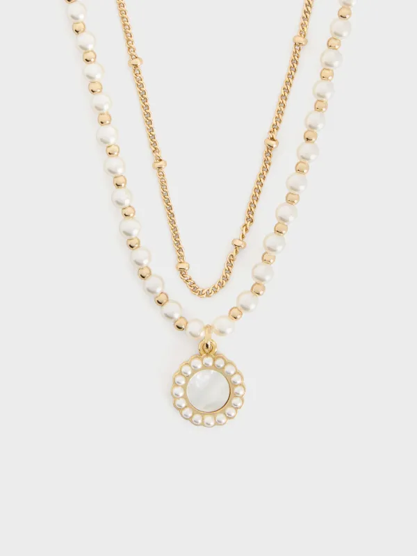 Charles & Keith - Pearl & Gemstone Double-Chain Necklace made by Charles & Keith