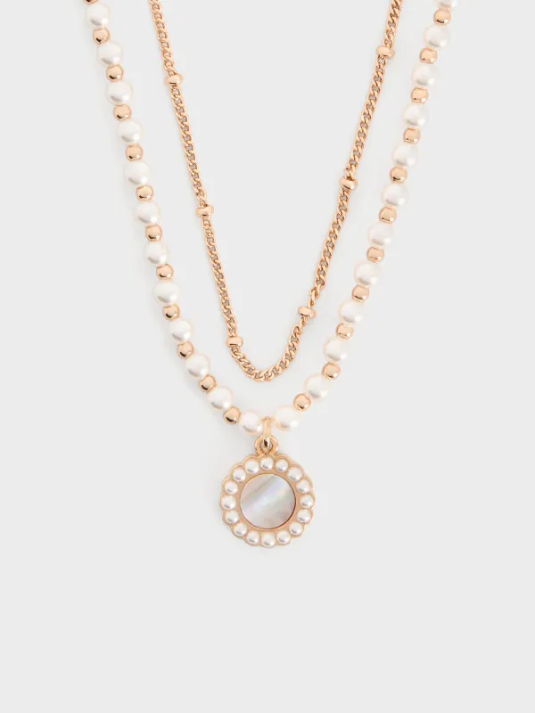 Charles & Keith - Pearl & Gemstone Double-Chain Necklace made by Charles & Keith