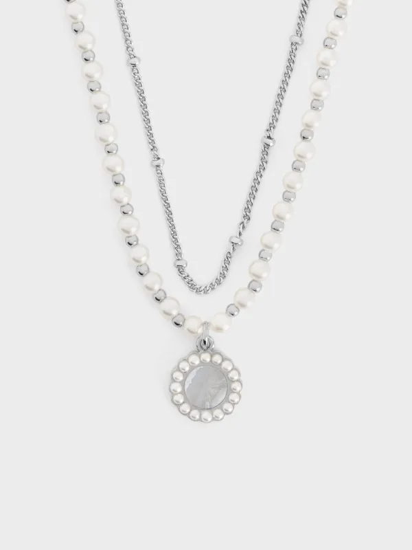 CHARLES & KEITH - Pearl & Gemstone Double-Chain Necklace made by Charles & Keith