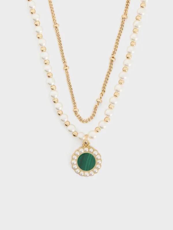 Charles & Keith - Pearl & Gemstone Double-Chain Necklace made by Charles & Keith