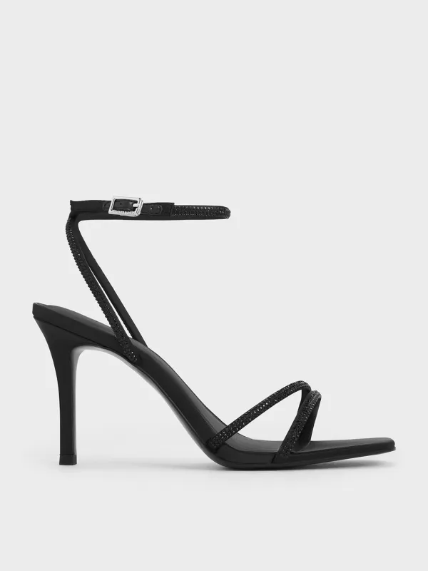 CHARLES & KEITH - Satin Crystal-Embellished Asymmetric Heeled Sandals made by Charles & Keith
