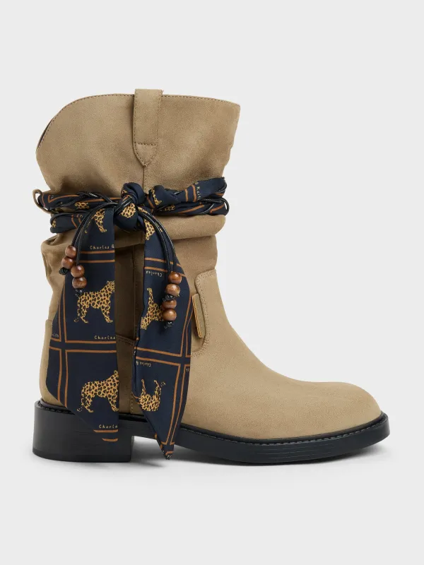 CHARLES & KEITH - Faux Suede Printed-Scarf Calf Boots made by Charles & Keith