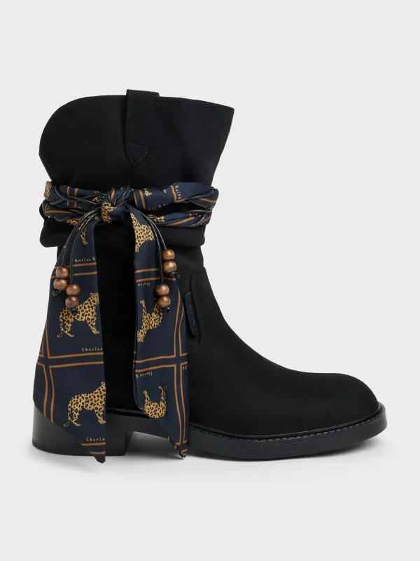 CHARLES & KEITH - Faux Suede Printed-Scarf Calf Boots made by Charles & Keith