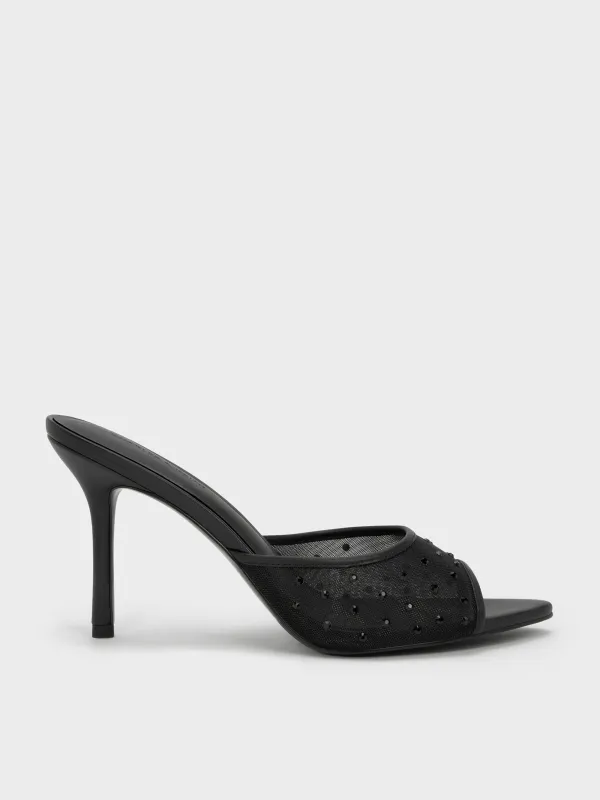 CHARLES & KEITH - Mesh Crystal Peep-Toe Heeled Mules made by Charles & Keith