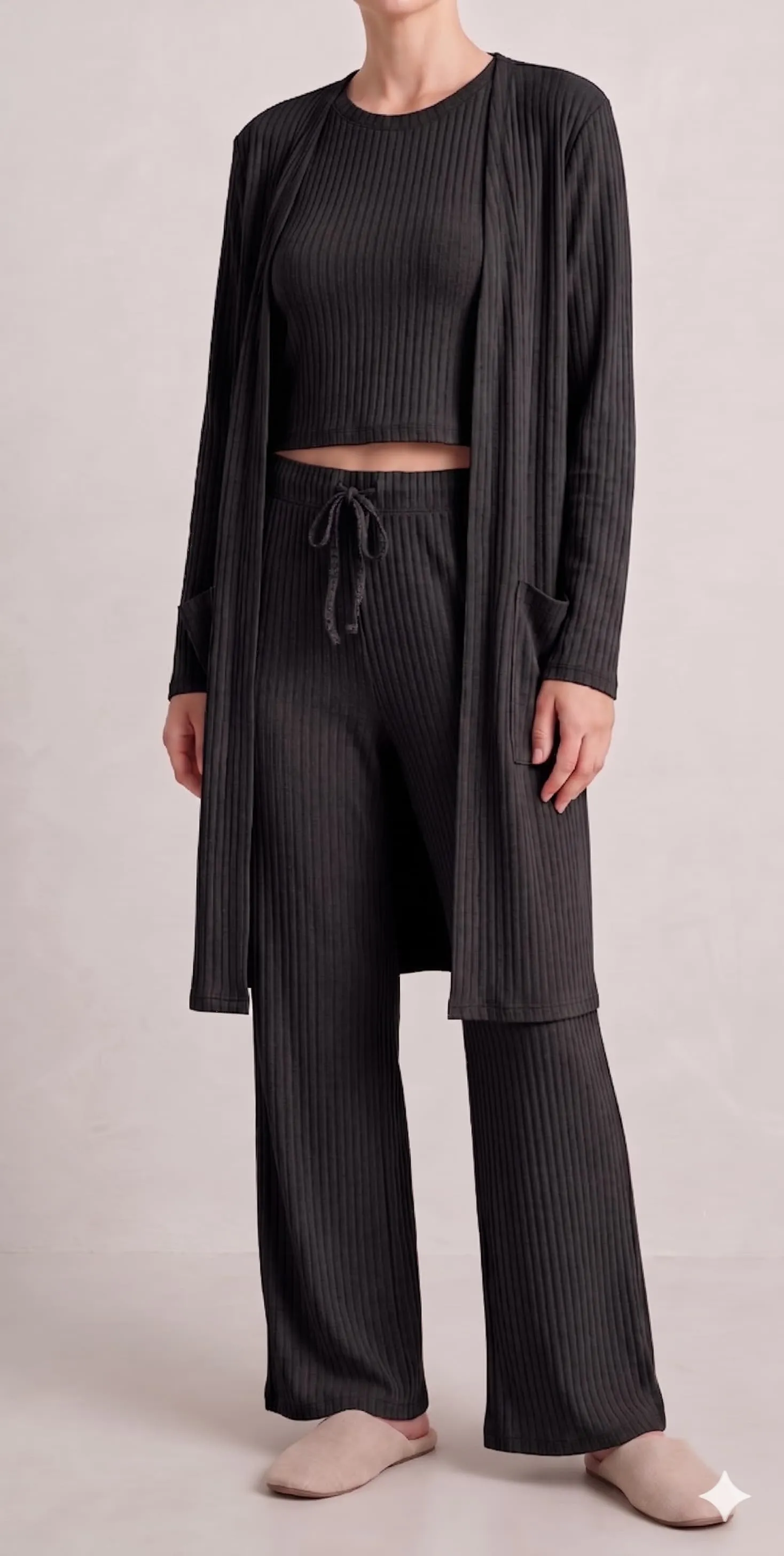 Ribbed Lounge 3 Piece Set (Tank+Pant+Cardigan) sold by Fornia product image thumbnail 2