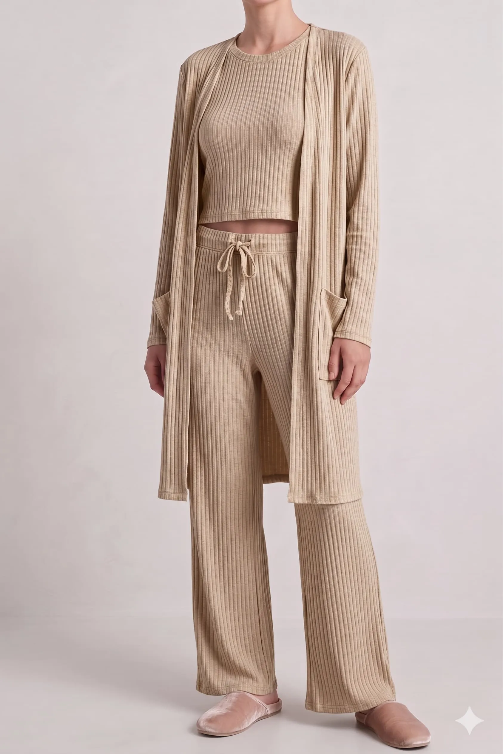 Ribbed Lounge 3 Piece Set (Tank+Pant+Cardigan) sold by Fornia product image thumbnail 4